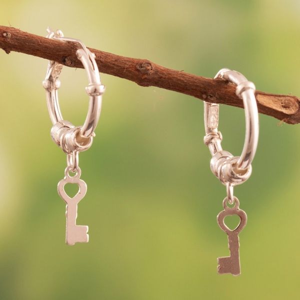 Alternate image for Polished Sterling Silver Hoop Earrings with Dangling Keys Secret Key