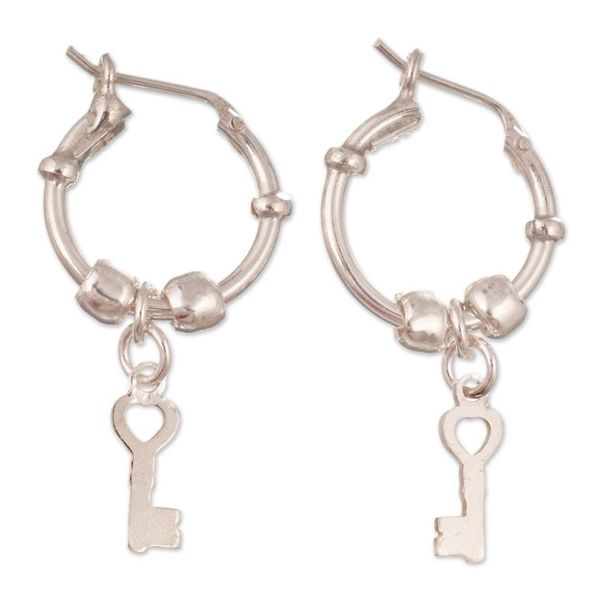 Alternate image for Polished Sterling Silver Hoop Earrings with Dangling Keys Secret Key