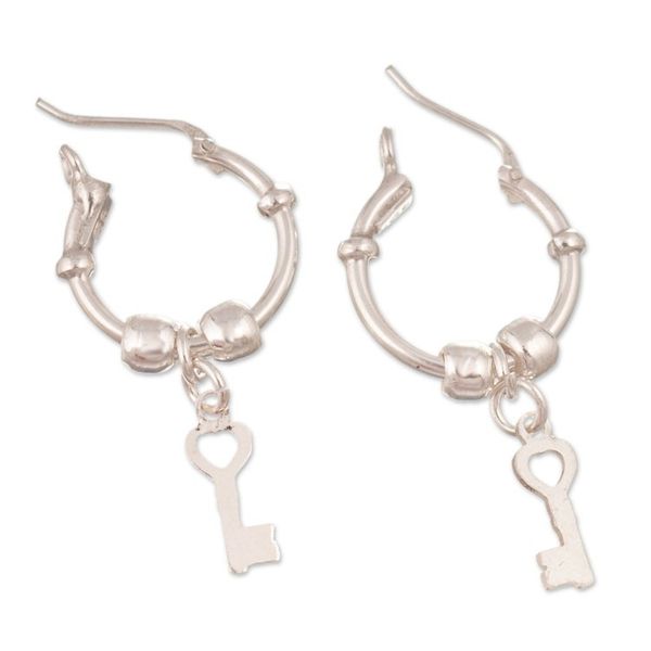 Alternate image for Polished Sterling Silver Hoop Earrings with Dangling Keys Secret Key