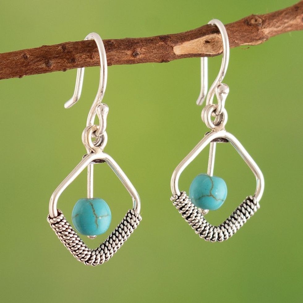 Modern Silver Dangle Earrings with Reconstituted Turquoise 'Geometry Texture'