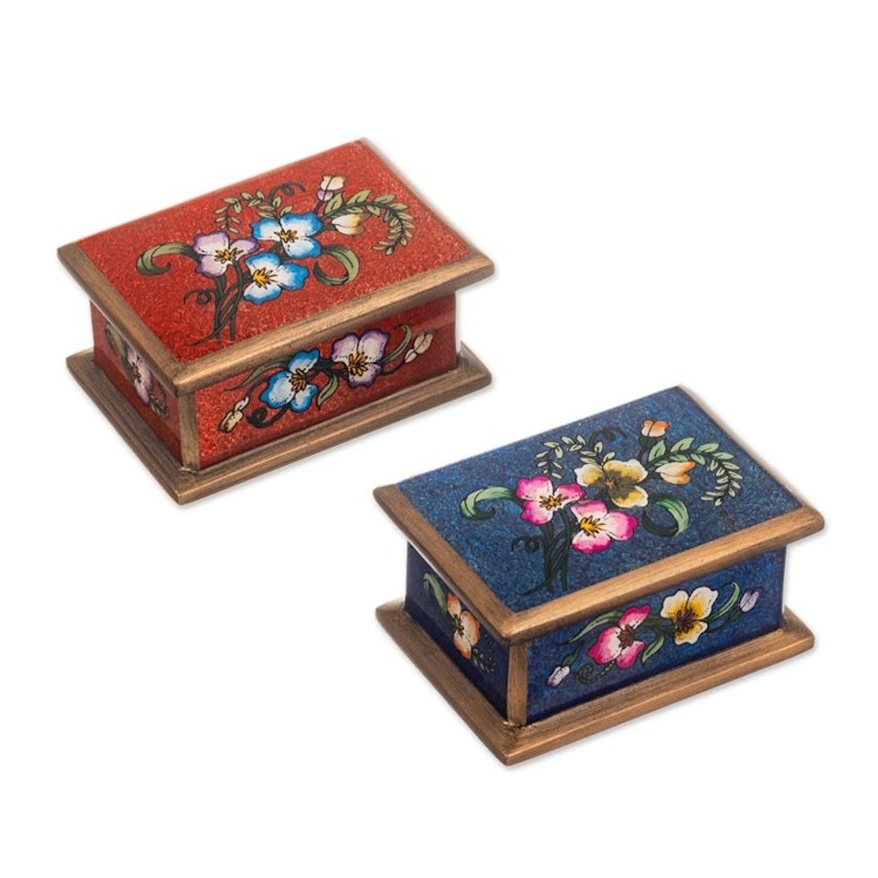 2 Red and Blue Reverse Painted Glass Floral Decorative Boxes 'Precious Garden'