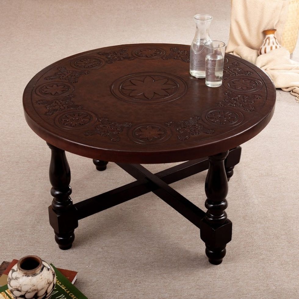 Round Coffee Table Handmade from Wood and Embossed Leather 'Tropical Scents'