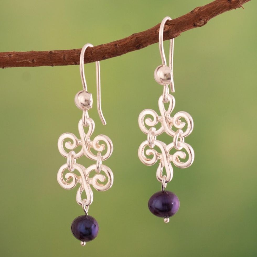 Sterling Silver Swirl Dangle Earrings with Cultured Pearls 'Chic Splendor'