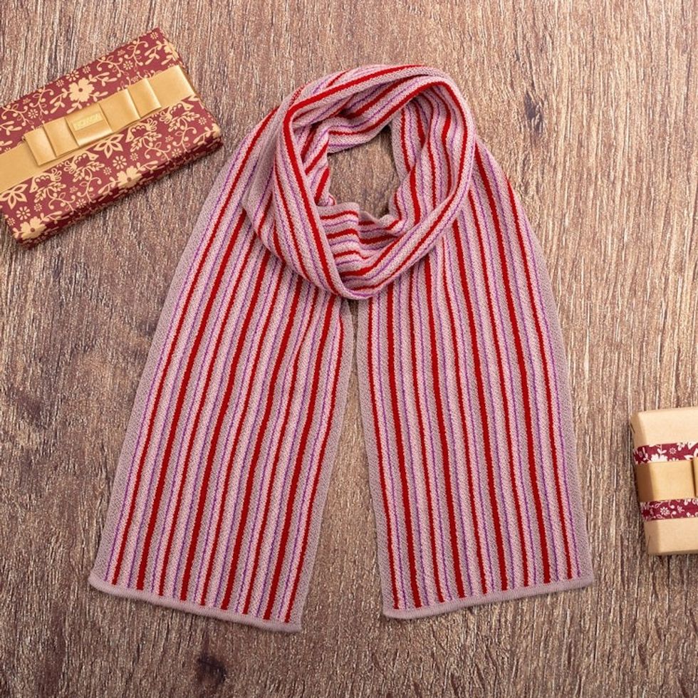 Soft Striped 100 Alpaca Scarf in Poppy and Amethyst Hues 'Poppy Paths'