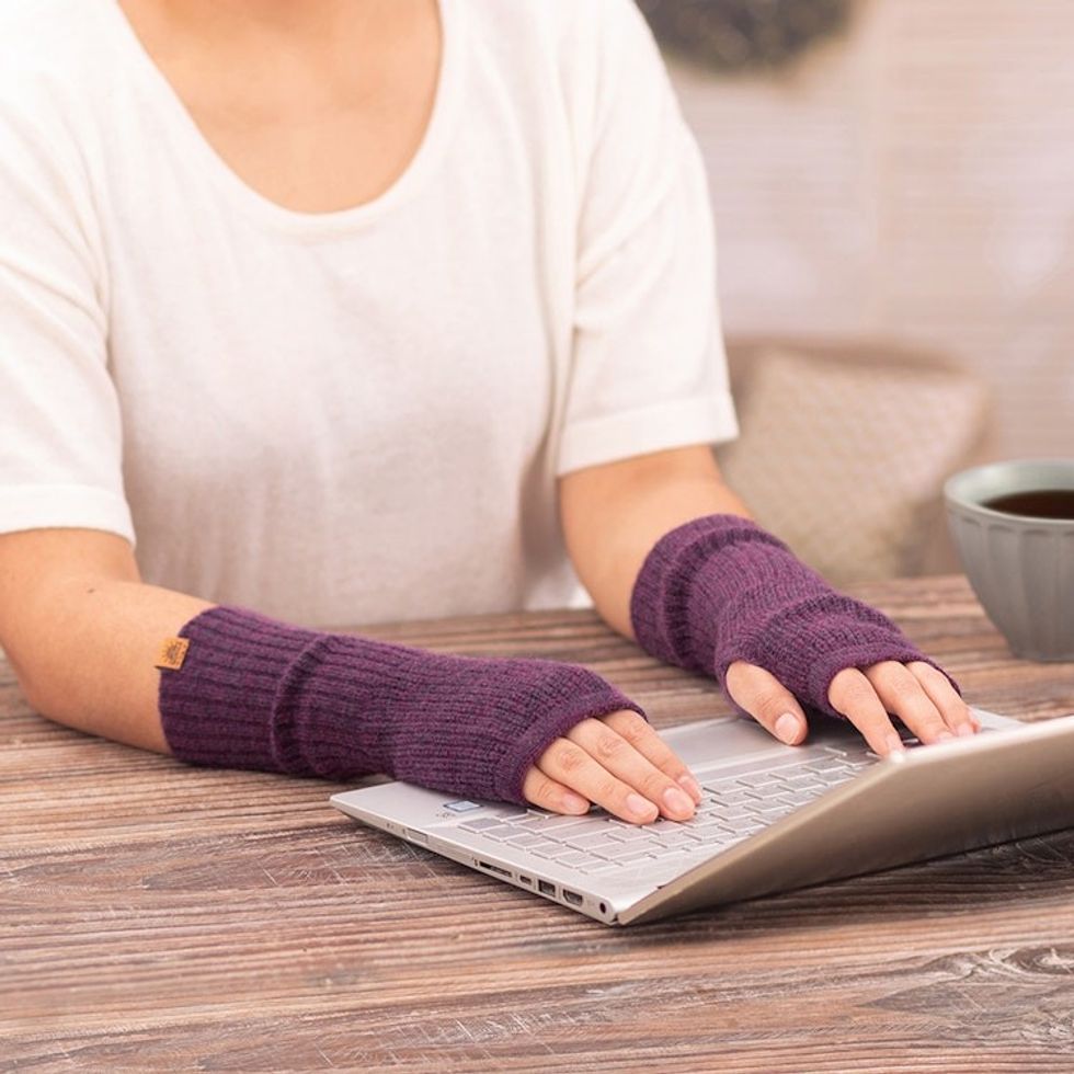 Knit Alpaca and Wool Blend Fingerless Mitts in Purple 'Boysenberry Epoch'