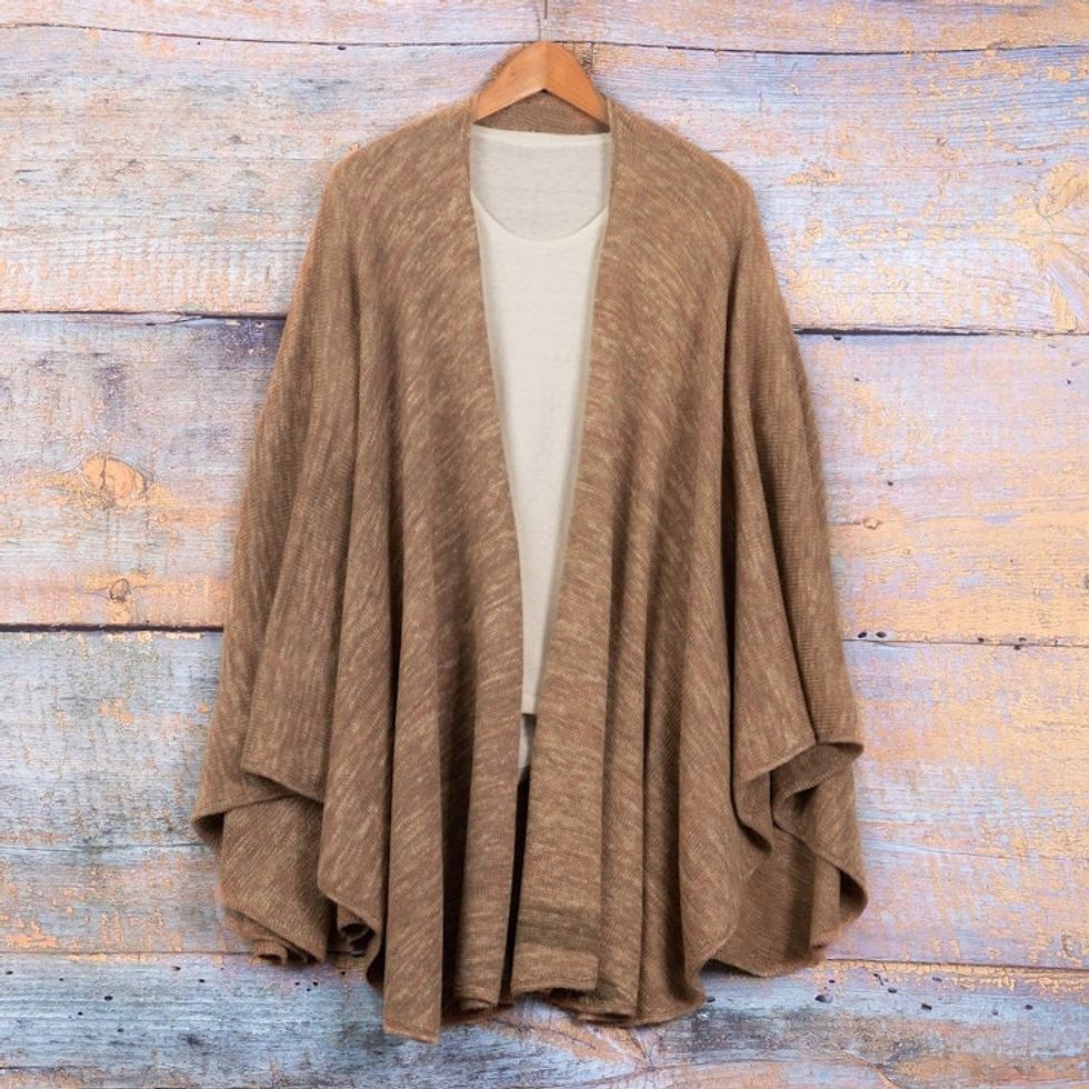 Soft Beige and Pink Alpaca, Acrylic and Wool Blend Ruana 'Alpine Morning'