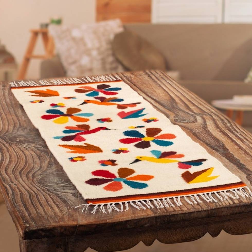 Flower and Bird-Themed Handwoven Wool Blend Table Runner 'Andean Freedom'
