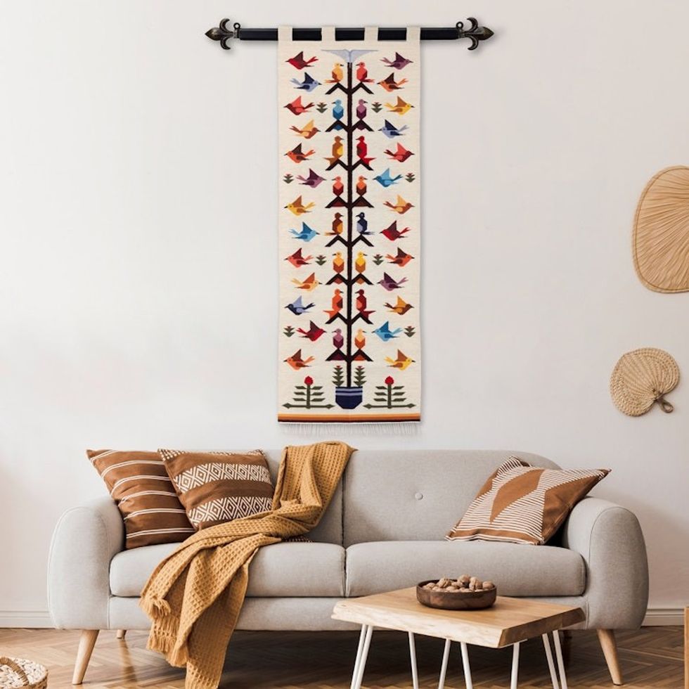 Handwoven Bird-Themed Ivory Wool and Cotton Blend Tapestry 'Hummingbird Passage in Ivory'