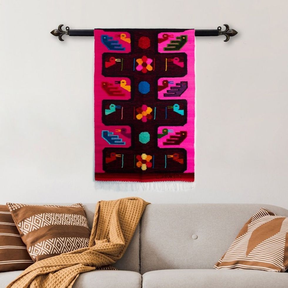 Handwoven Duck and Flower-Themed Fuchsia Wool Tapestry 'Orchard Ducks'