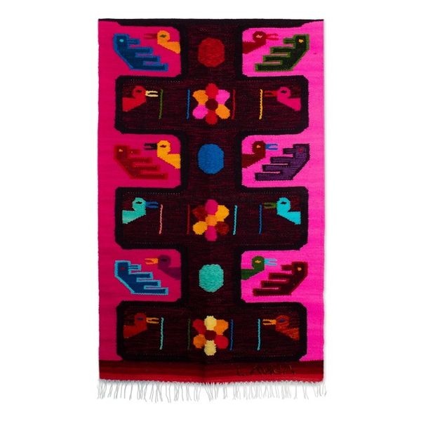 Alternate image for Handwoven Duck and Flower-Themed Fuchsia Wool Tapestry Orchard Ducks