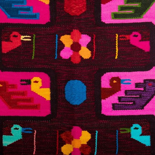 Alternate image for Handwoven Duck and Flower-Themed Fuchsia Wool Tapestry Orchard Ducks