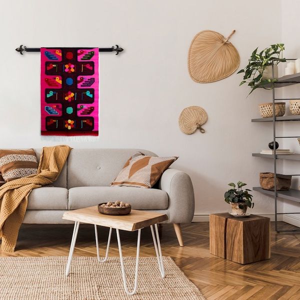Alternate image for Handwoven Duck and Flower-Themed Fuchsia Wool Tapestry Orchard Ducks