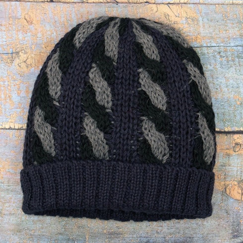 Cable Knit Alpaca Blend Hat in Navy and Grey Hues 'Braided Grey'