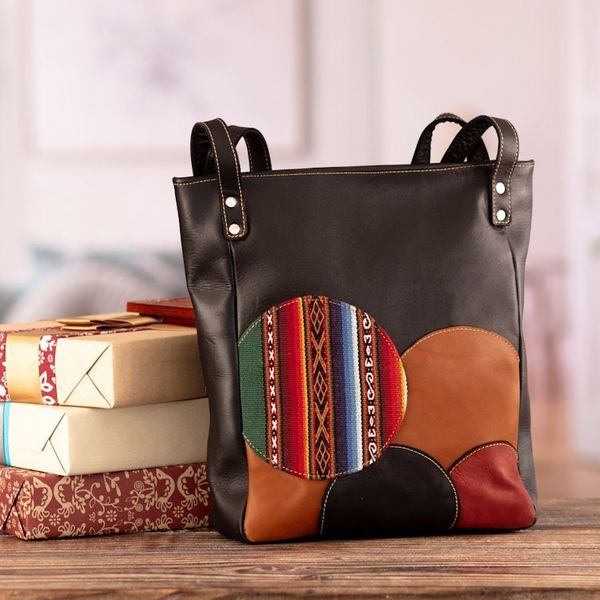 Alternate image for Leather Shoulder Bag in Black with Handwoven Accent Round Mosaics