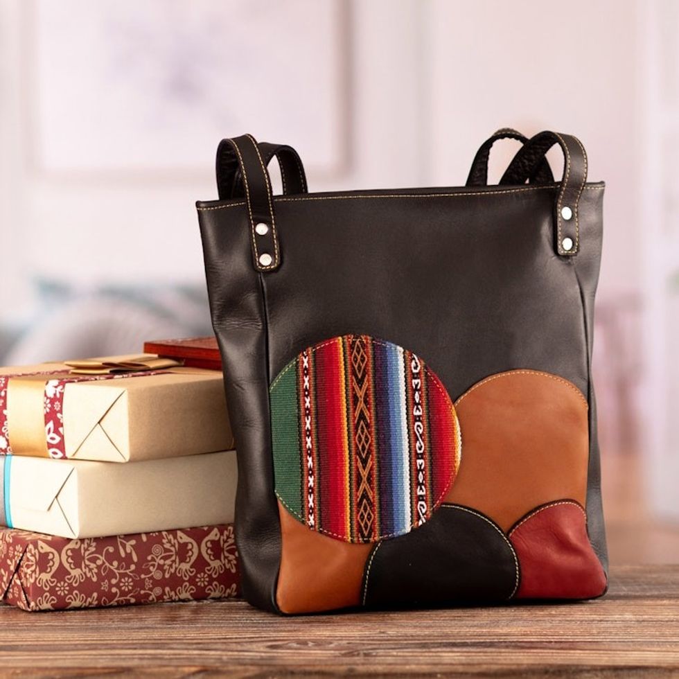 Leather Shoulder Bag in Black with Handwoven Accent 'Round Mosaics'