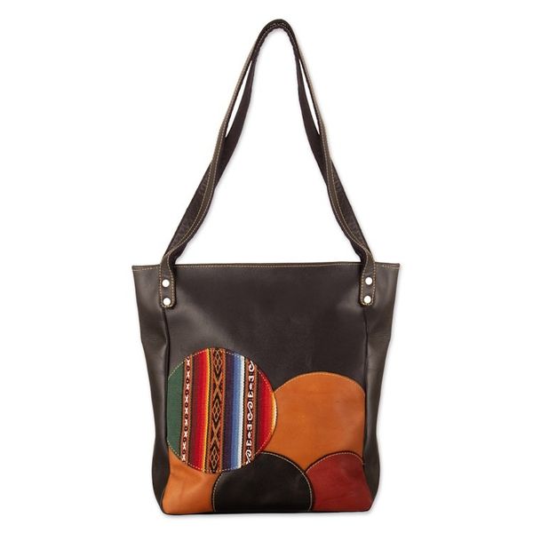 Alternate image for Leather Shoulder Bag in Black with Handwoven Accent Round Mosaics