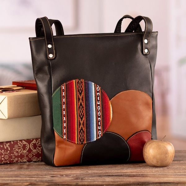 Alternate image for Leather Shoulder Bag in Black with Handwoven Accent Round Mosaics