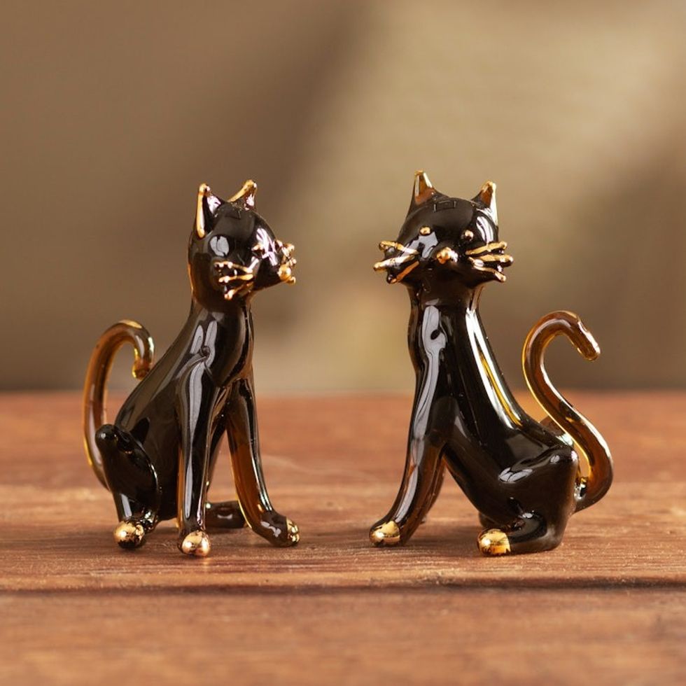 Pair of Gilded Amber Blown Glass Cat Figurines from Peru 'Magical Felines'