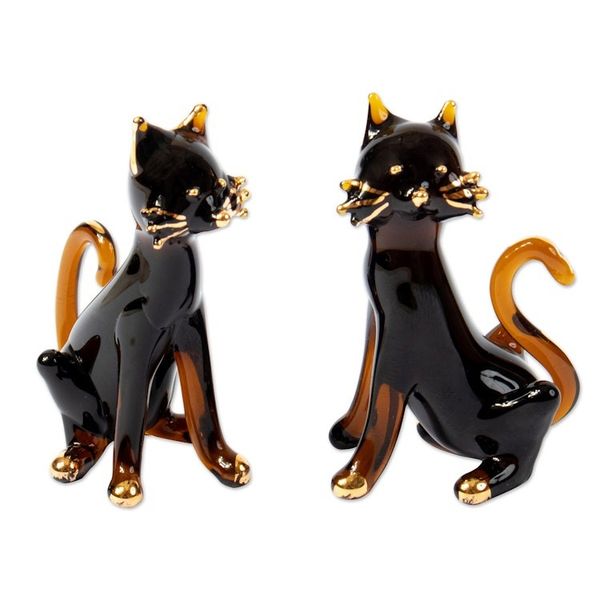 Alternate image for Pair of Gilded Amber Blown Glass Cat Figurines from Peru Magical Felines