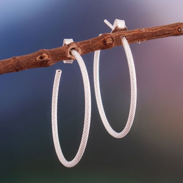 Alternate image for Patterned Sterling Silver Half-Hoop Earrings Made in Peru Diamond Glint