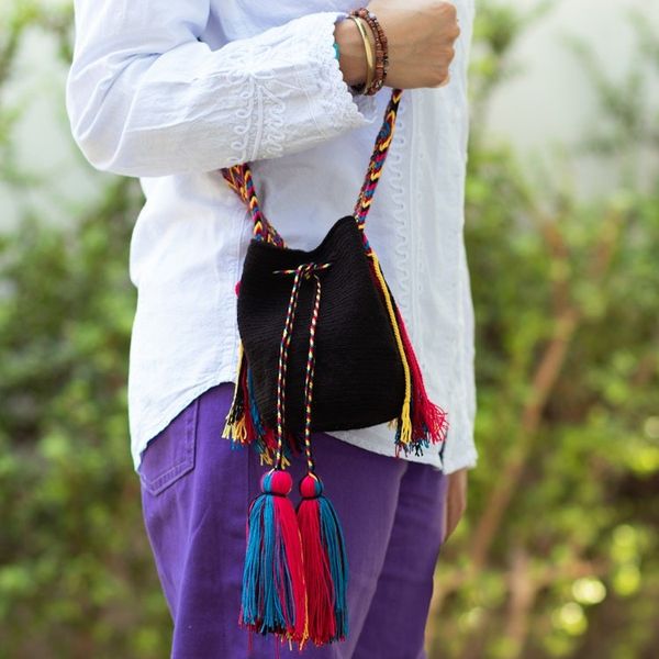 Alternate image for Crocheted Sling Bag in Black with Tassels from Colombia Wayuu Charm