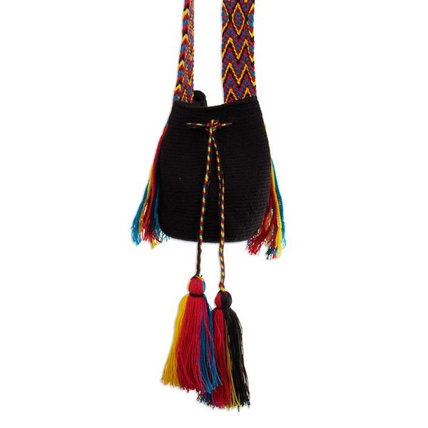 Alternate image for Crocheted Sling Bag in Black with Tassels from Colombia Wayuu Charm