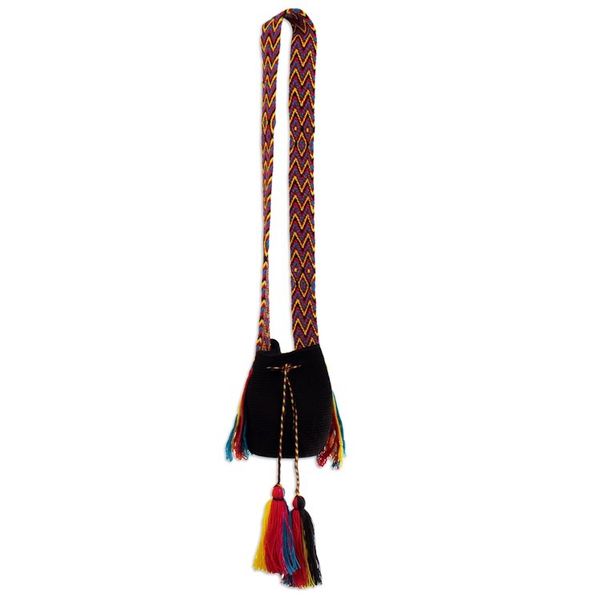Alternate image for Crocheted Sling Bag in Black with Tassels from Colombia Wayuu Charm