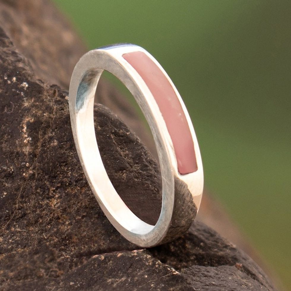 Modern Polished Silver Band Ring with Inlaid Rose Quartz Gem 'Pink Dual Enchantment'