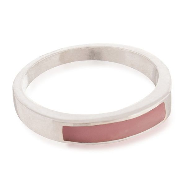 Alternate image for Modern Polished Silver Band Ring with Inlaid Rose Quartz Gem Pink Dual Enchantment