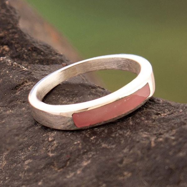 Alternate image for Modern Polished Silver Band Ring with Inlaid Rose Quartz Gem Pink Dual Enchantment