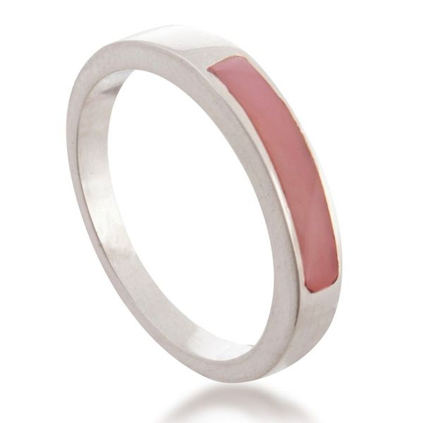 Alternate image for Modern Polished Silver Band Ring with Inlaid Rose Quartz Gem Pink Dual Enchantment