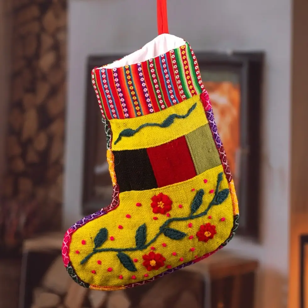 Handcrafted Yellow Christmas Stocking with Andean Details 'Christmas Flora'