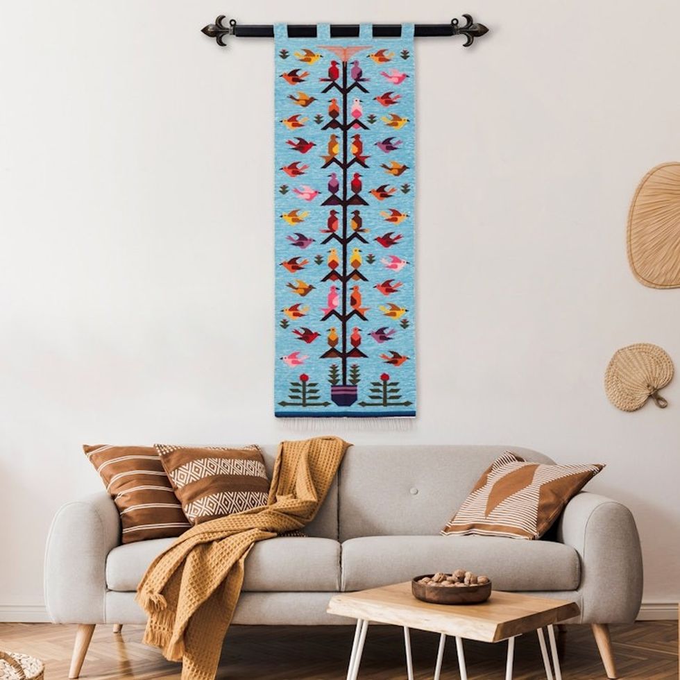 Handwoven Bird-Themed Blue Wool and Cotton Blend Tapestry 'Hummingbird Passage in Blue'