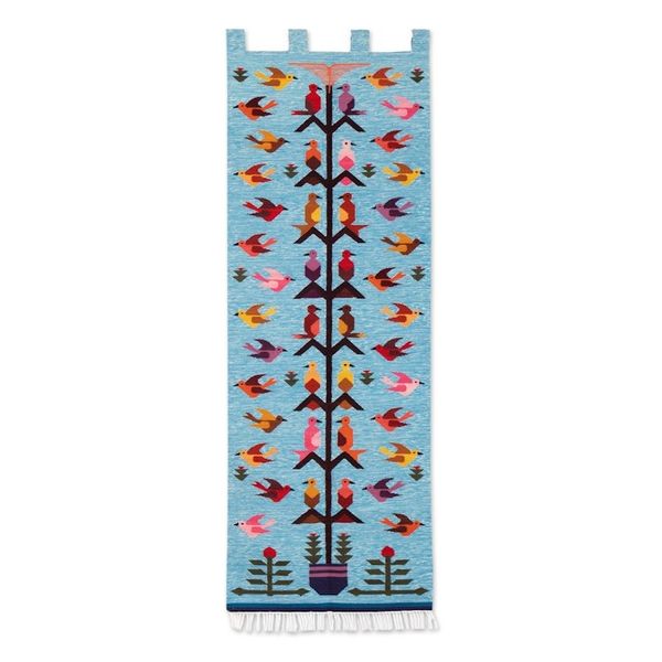 Alternate image for Handwoven Bird-Themed Blue Wool and Cotton Blend Tapestry Hummingbird Passage in Blue