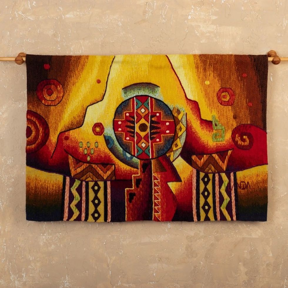 Hand Woven Chakana Motif Alpaca Blend Tapestry from Peru 'Inca Cross'