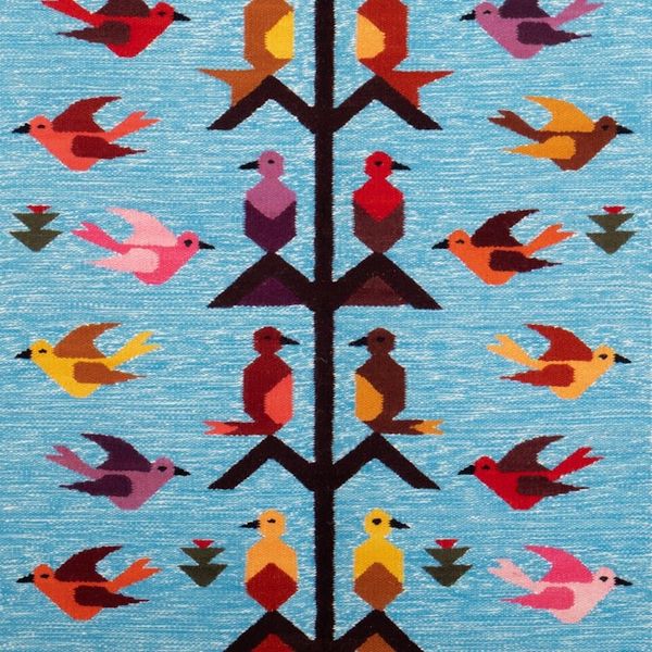 Alternate image for Handwoven Bird-Themed Blue Wool and Cotton Blend Tapestry Hummingbird Passage in Blue