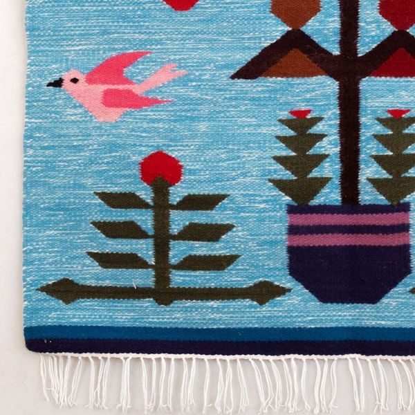 Alternate image for Handwoven Bird-Themed Blue Wool and Cotton Blend Tapestry Hummingbird Passage in Blue