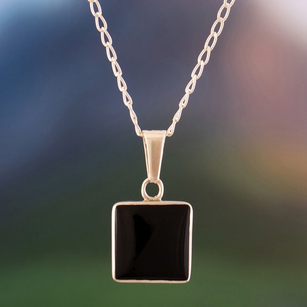 Polished Modern Natural Onyx and Angelite Pendant Necklace 'Dual Marvel'