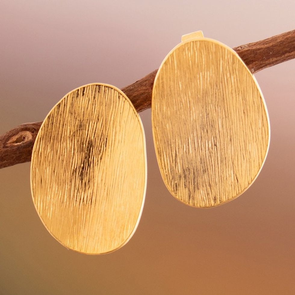 Textured Abstract 18k Gold-Plated Button Earrings from Peru 'Abstract Splendor'