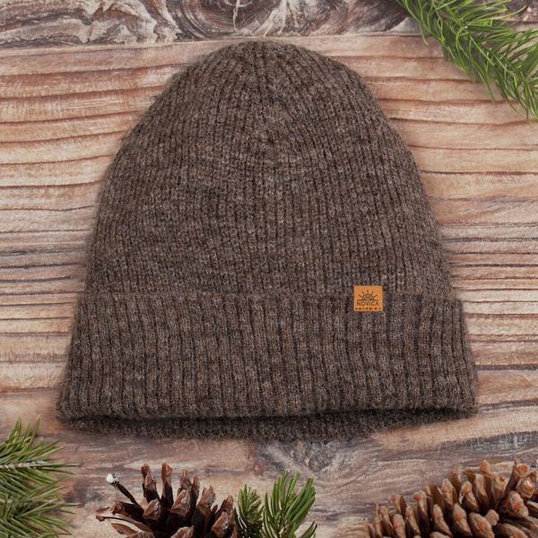 Alternate image for Alpaca and Wool Blend Knit Beanie Hat in Mushroom Brown Mushroom Age