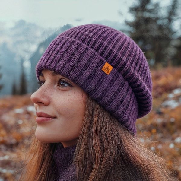 Alternate image for Alpaca and Wool Blend Knit Beanie Hat in Boysenberry Purple Boysenberry Age