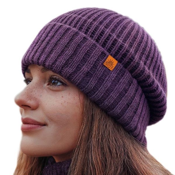 Alternate image for Alpaca and Wool Blend Knit Beanie Hat in Boysenberry Purple Boysenberry Age