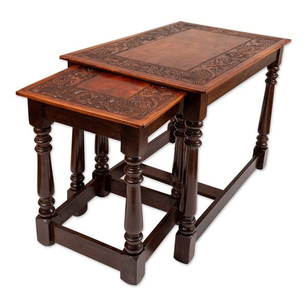Alternate image for Set of 3 Handmade Classic Tornillo Wood and Leather Tables Regal Era