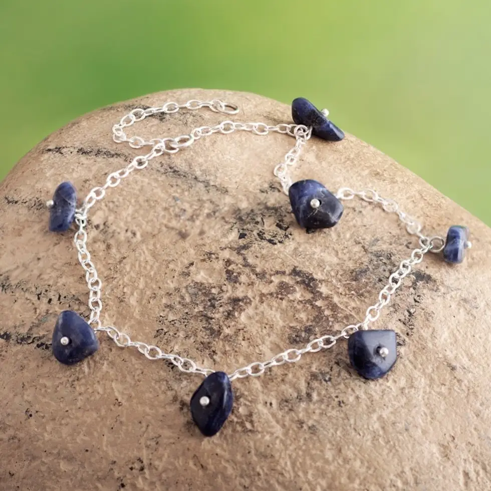 Sterling Silver Charm Anklet with Sodalite Stone from Peru 'Blue Sunny Days'