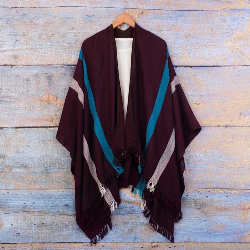 Striped Purple Ruana Woven from 100 Baby Alpaca with Fringe 'Iris Grape'