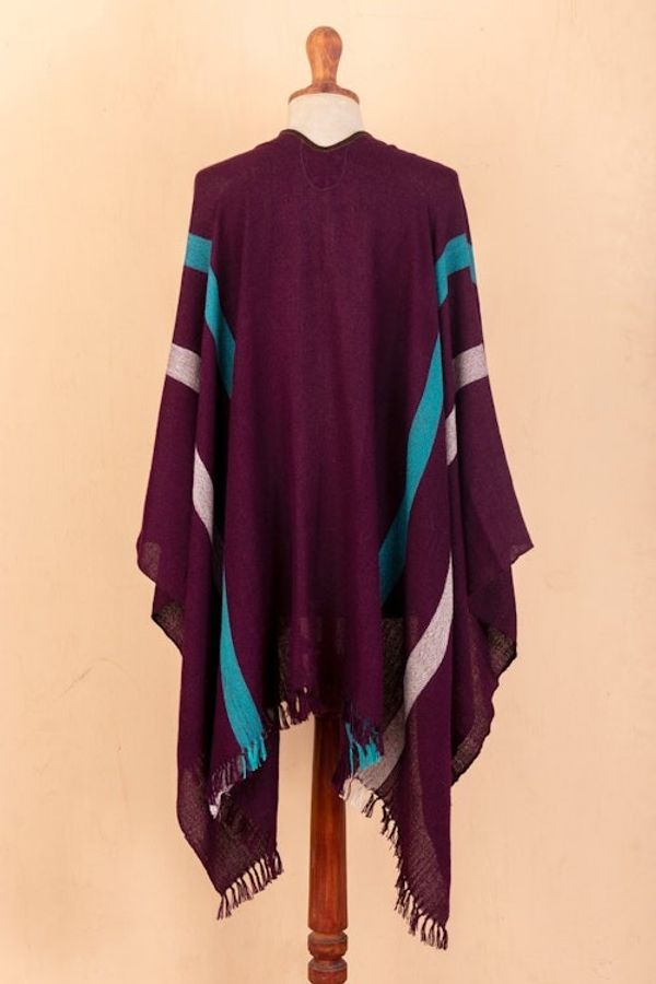 Alternate image for Striped Purple Ruana Woven from 100 Baby Alpaca with Fringe Iris Grape