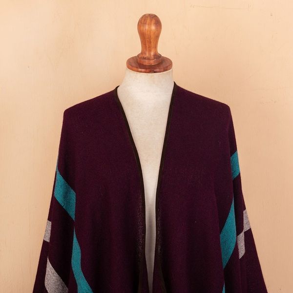 Alternate image for Striped Purple Ruana Woven from 100 Baby Alpaca with Fringe Iris Grape