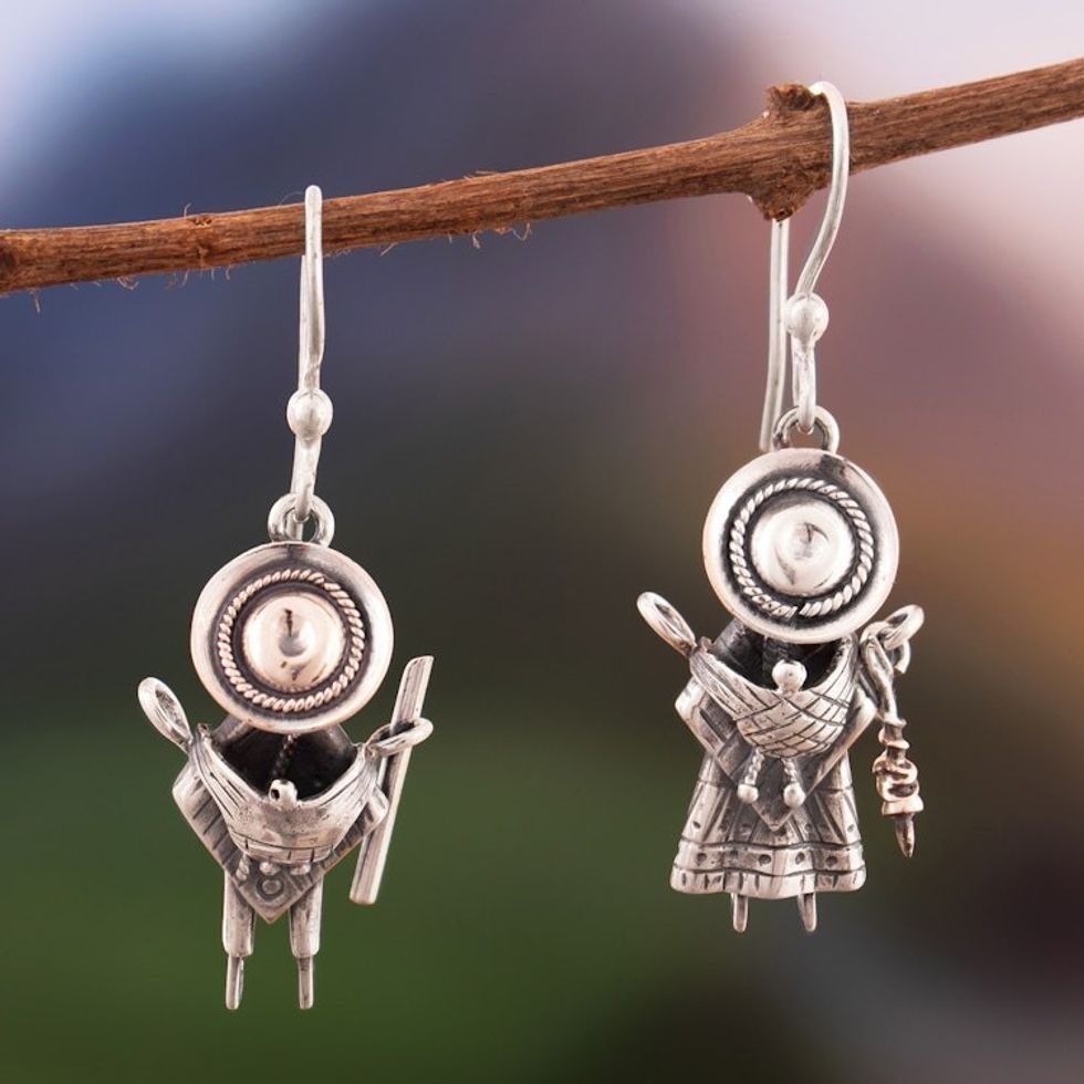 Abstract Andean Family Blackened Silver Dangle Earrings 'Cuzco Tenderness'