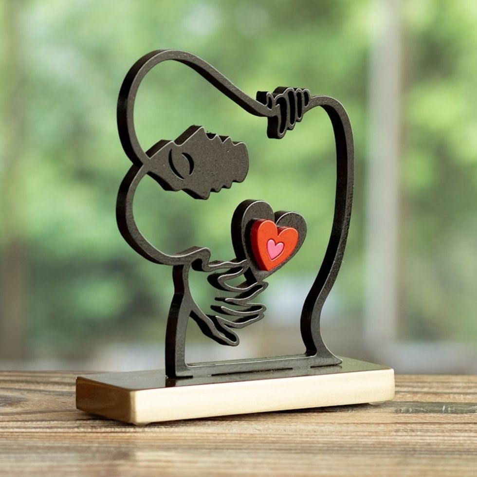 Peruvian Artisan Crafted Wood Sculpture with Heart Design 'Eternal Hug'
