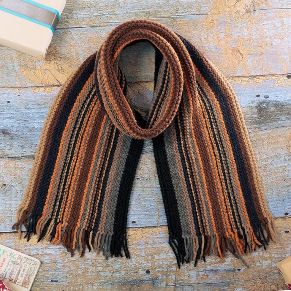 Handloomed Brown and Black Fringed Alpaca Blend Scarf 'Mystic Lands'